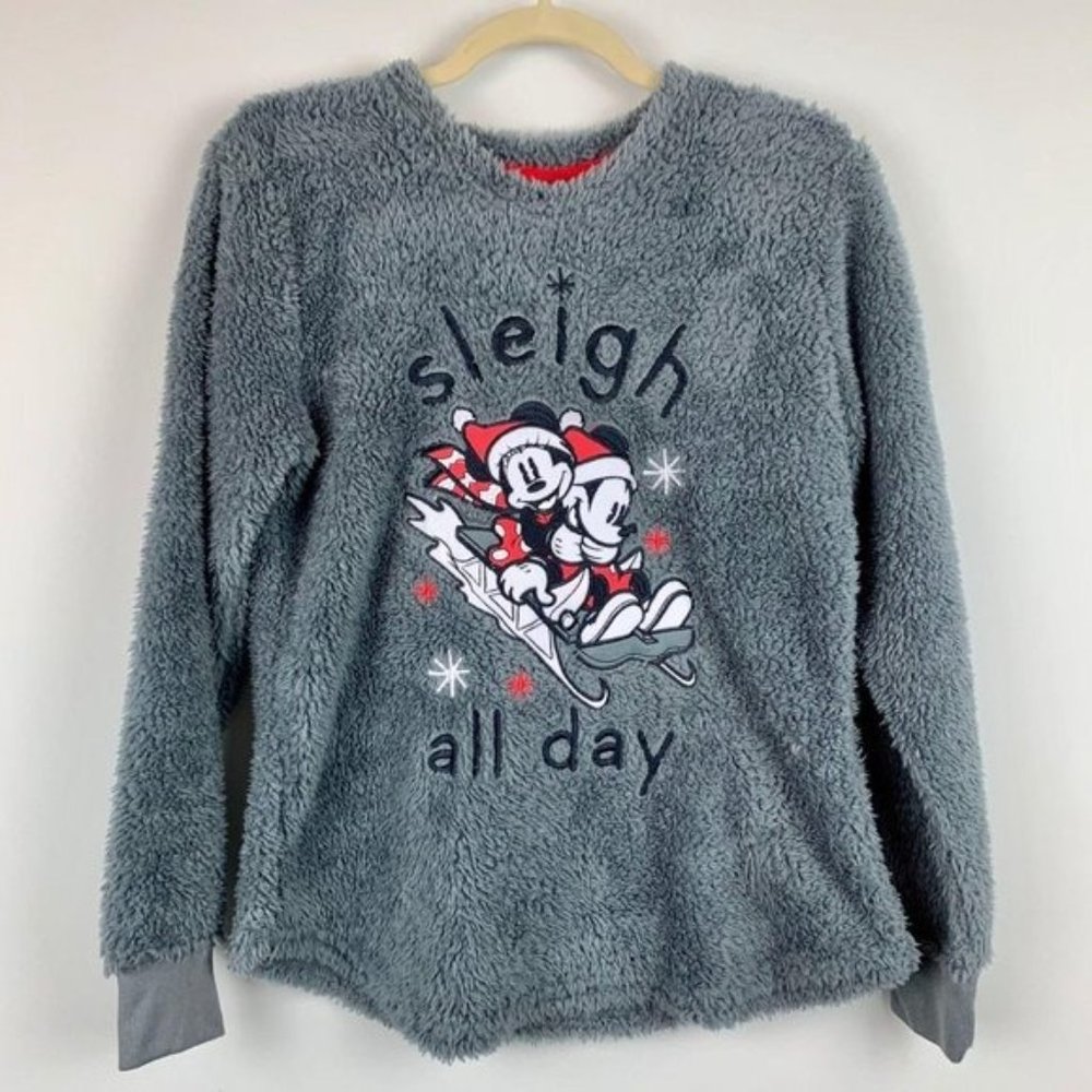 DISNEY Women Plush Gray Fleece Mickey Minnie Mouse Sz S
